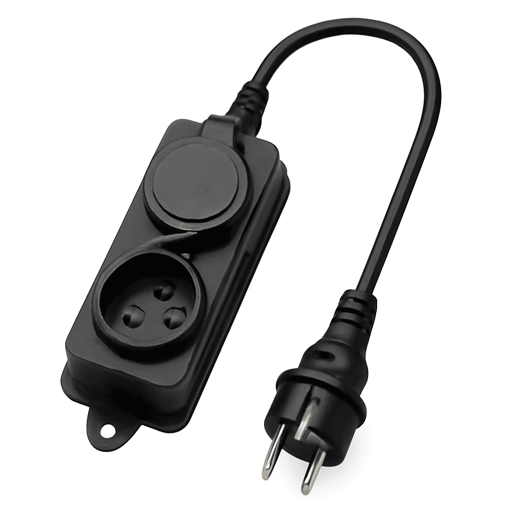 1-2.SALE колодка ОУ двойная 2  гн.. с загл. каучук 2Р+РЕ 1х16А 220-240V IP44 черн. (Турция) Е1М